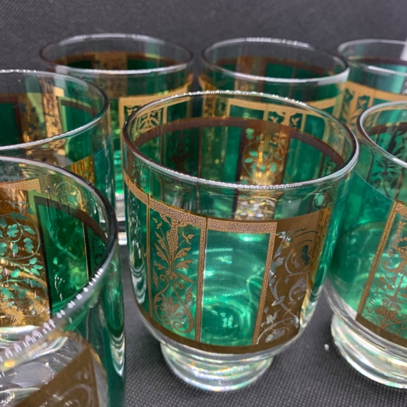 8 mid century low ball green and gold glasses with wooden glass caddy - Picture 9 of 13